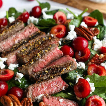 grilled-peppercorn-steak-and-caramelized-pecan-salad-with-cabernet-cherry-vinaigrette-recipe
