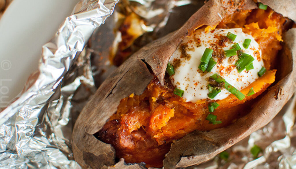 grilled-sweet-potatoes-with-bbq-baked-beans-and-cilantro-cream