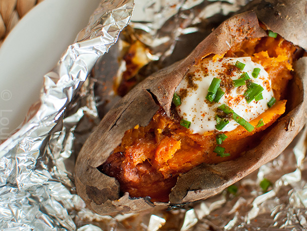 grilled-sweet-potatoes-with-bbq-baked-beans-and-cilantro-cream